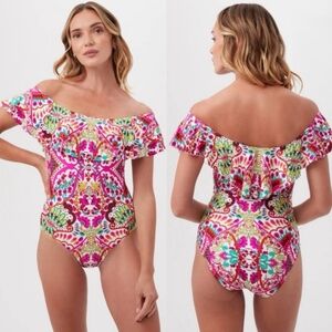 NWT Trina Turk Colorful Print Off The Shoulder Ruffle One Piece Swimsuit, Size 8